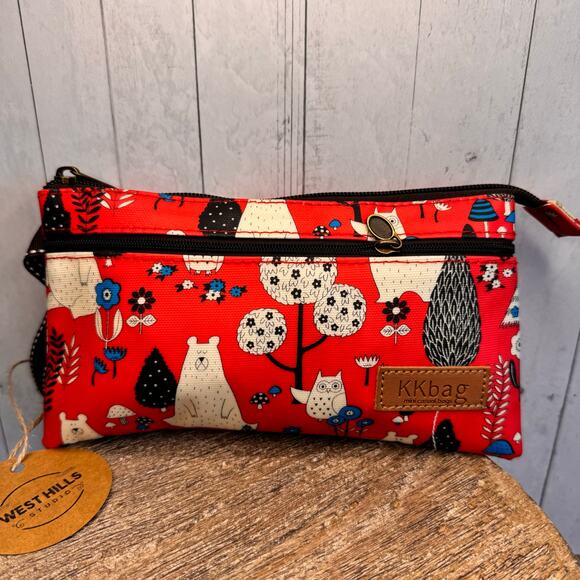 Woodland Bears Red Clutch Purse Makeup Bag Wristlet Forest Owl Red Wallet NEW - Picture 2 of 8